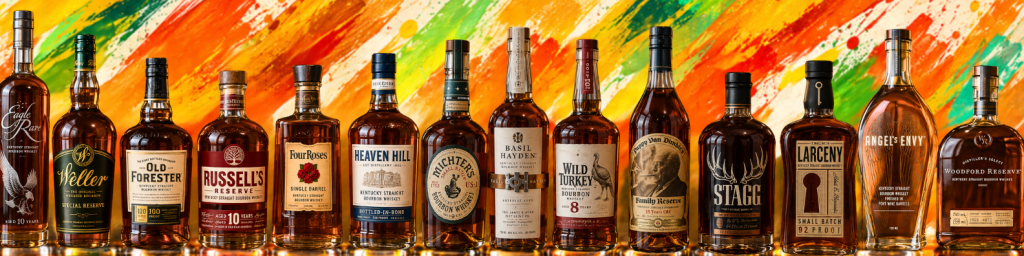 A collection of various bourbon whiskey bottles arranged in a row against a colorful, abstract background.